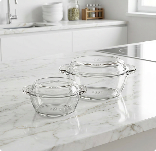 Glass bowls on dark display